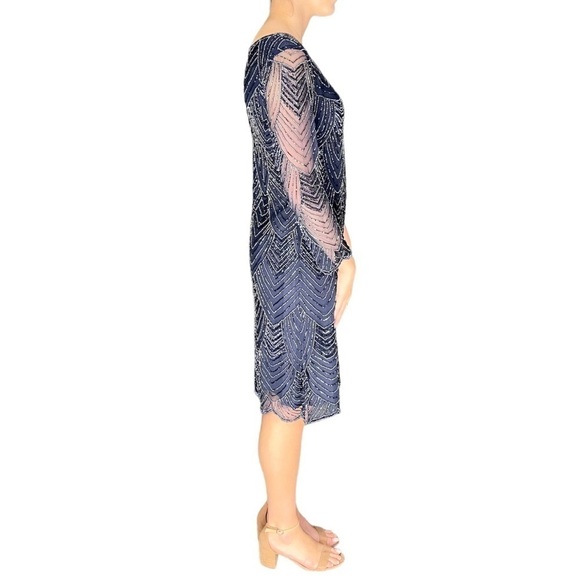 PISARRO NIGHTS BLUE ART DECO SCALLOP BEADED SHEER SLEEVE COCKTAIL SHEATH DRESS - Picture 5 of 16
